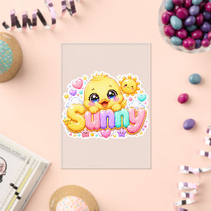 Invitations En Acrylique Mignon Kawaii Sunny Chick Nom Pastel Rose Pailleté