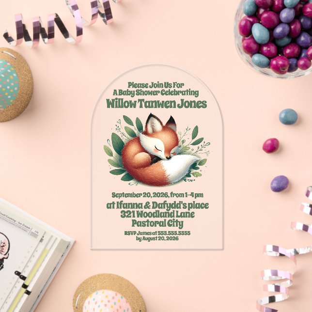 Invitations En Acrylique Mignonne Fox dormir en Baby shower Feuille (Insitu (Célébration))