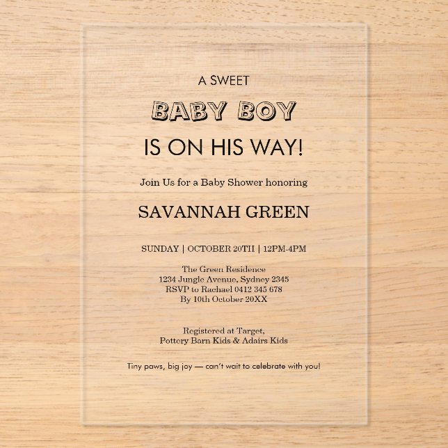 Invitations En Acrylique Minimal Baby Boy Shower Typography Design (Recto)