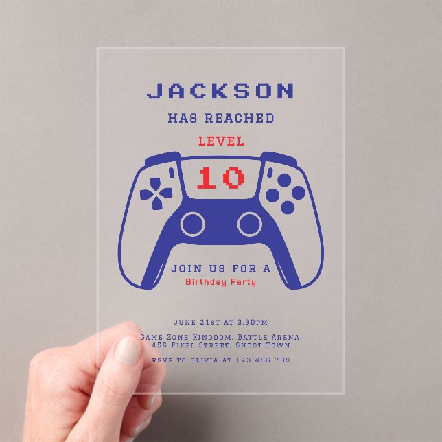 Invitations En Acrylique Minimalist Red and Blue Gamer Boys Birthday Party (In situ (ordinateur de poche))