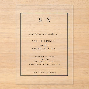 Invitations En Acrylique Minimaliste et Chic Mariage Noir et Blanc