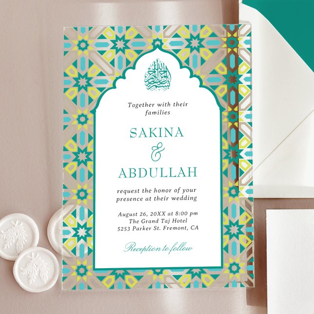 Invitations En Acrylique Mint Green Persian Mosaic Muslim Wedding (Créateur téléchargé)
