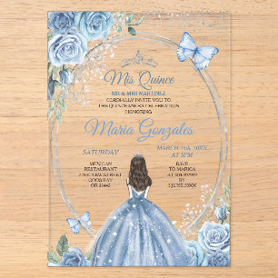 Invitations En Acrylique Mis Quince Dusty Blue & Argent Floral Quinceañera