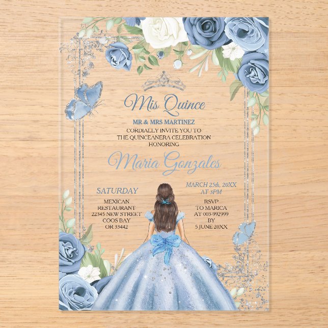 Invitations En Acrylique Mis Quince Dusty Blue & Silver Floral Quinceañera (Recto)