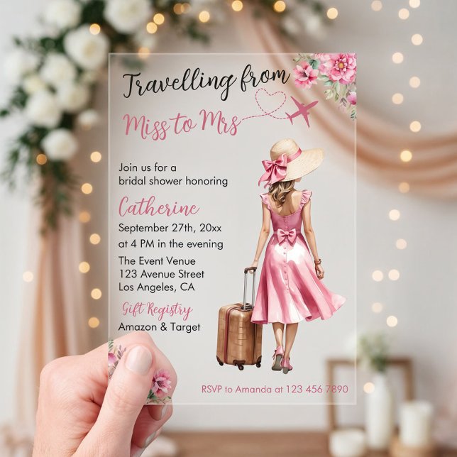 Invitations En Acrylique Miss To Mrs Travel Pink Bow Dress Bridal Shower (Front view traveling from miss to mrs world travel bridal shower love is journey acrylic invitation)
