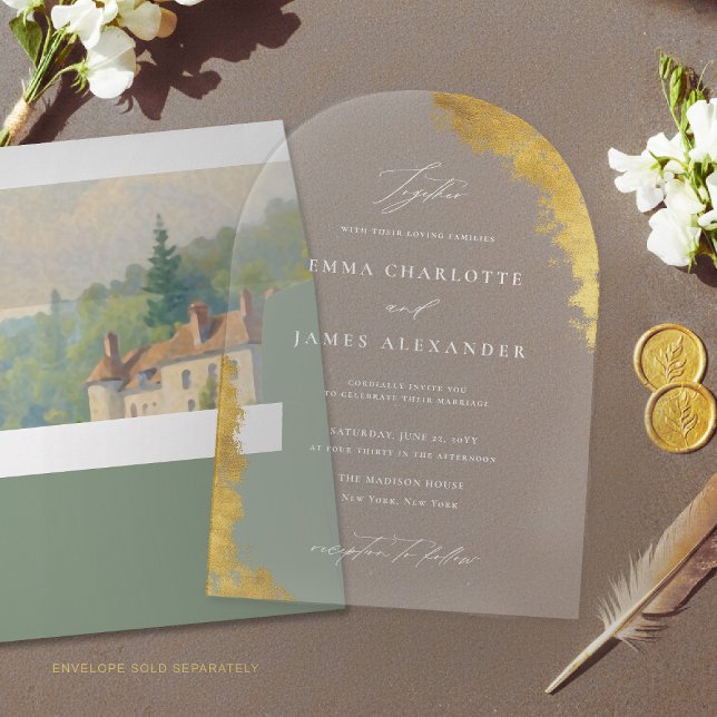 Invitations En Acrylique Modern Arch Faux Gold White Elegant Luxury Wedding (sage green gold acrylic wedding invitation arch shape transparent elegant modern romantic white)