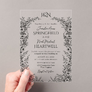 Invitations En Acrylique Modern Black and White Botanical Wedding