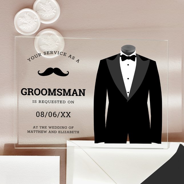 Invitations En Acrylique Modern Black Tuxedo Groomsman Request (Créateur téléchargé)