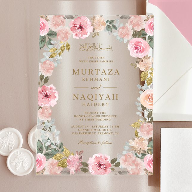 Invitations En Acrylique Modern Blush Pink Floral Islamic Muslim Wedding (Créateur téléchargé)