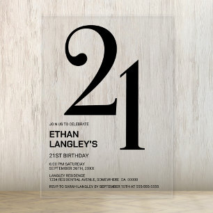 Invitations En Acrylique Modern Bold Texte noir 21ème fête d'anniversaire