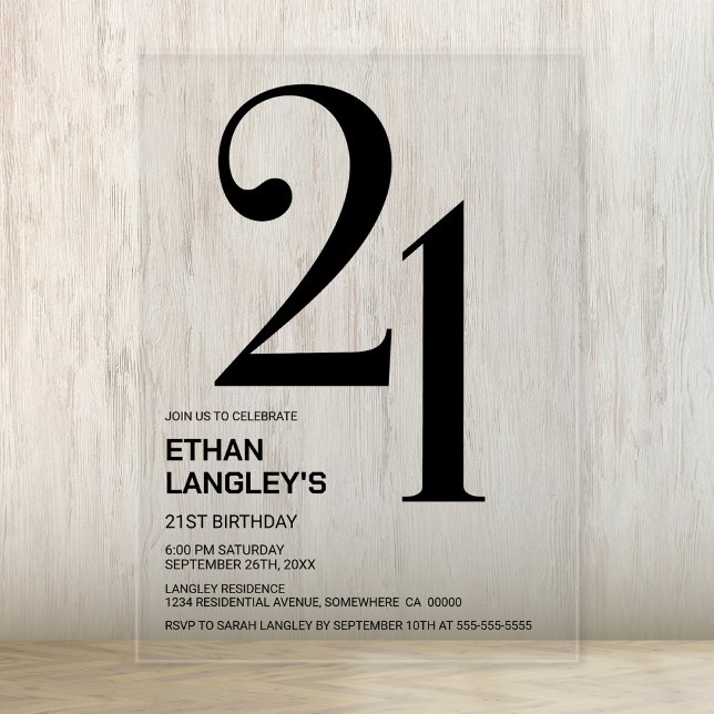 Invitations En Acrylique Modern Bold Texte noir 21ème fête d'anniversaire (Créateur téléchargé)