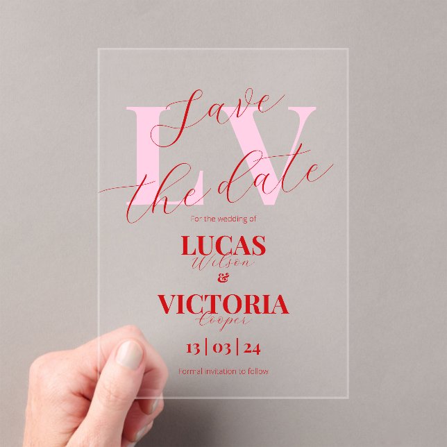 Invitations En Acrylique Modern Bright Pink and Red Wedding save the date  (In situ (ordinateur de poche))