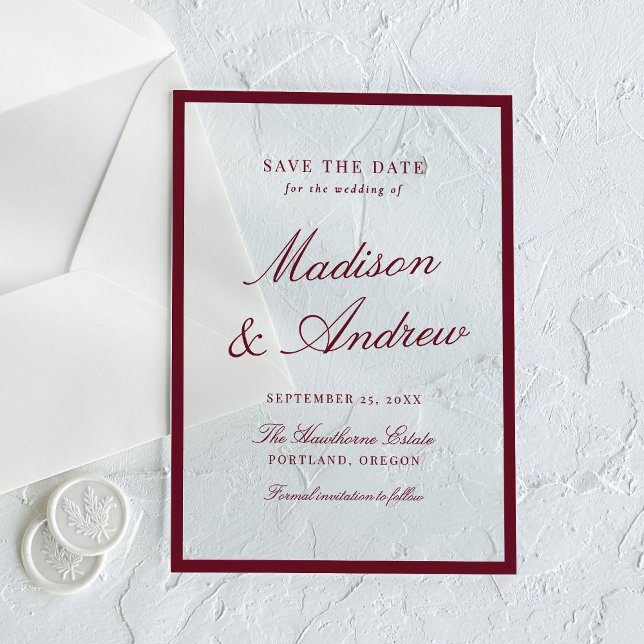 Invitations En Acrylique Modern Burgundy Border Wedding Save the Date (Créateur téléchargé)