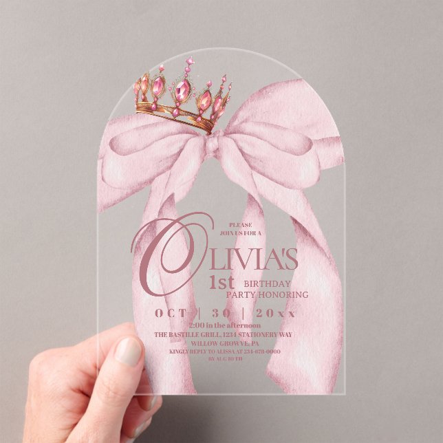 Invitations En Acrylique Modern Cute Dusty Pink Bow 1st Birthday  (In situ (ordinateur de poche))