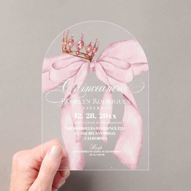 Invitations En Acrylique Modern Dusty Pink Bow Princess Quinceanera (In situ (ordinateur de poche))