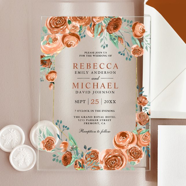 Invitations En Acrylique Modern Earthy Burnt Orange Roses Floral Wedding (Créateur téléchargé)