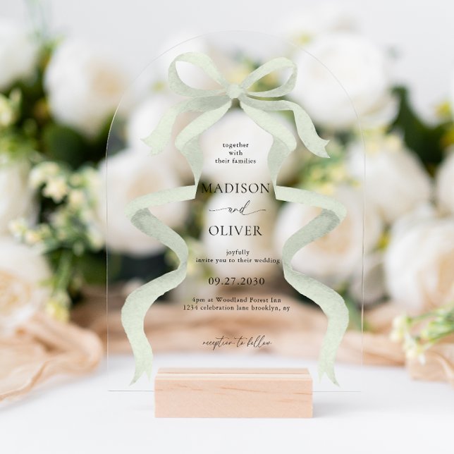 Invitations En Acrylique Modern Elegant Sage Green Bow Wedding Arch (Créateur téléchargé)