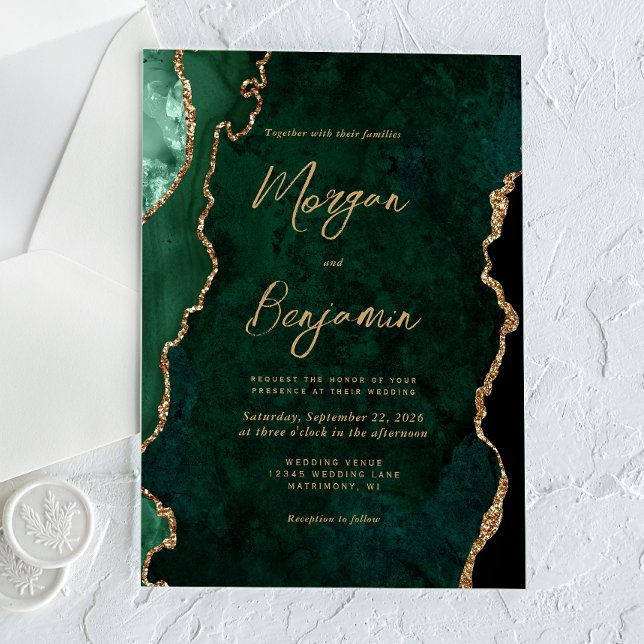Invitations En Acrylique Modern Emerald Green Agate Script Wedding (Créateur téléchargé)