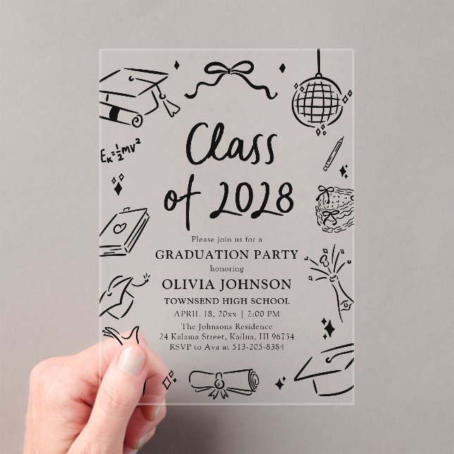 Invitations En Acrylique Modern Hand Drawn Class of 2028 Graduation Party (In situ (ordinateur de poche))