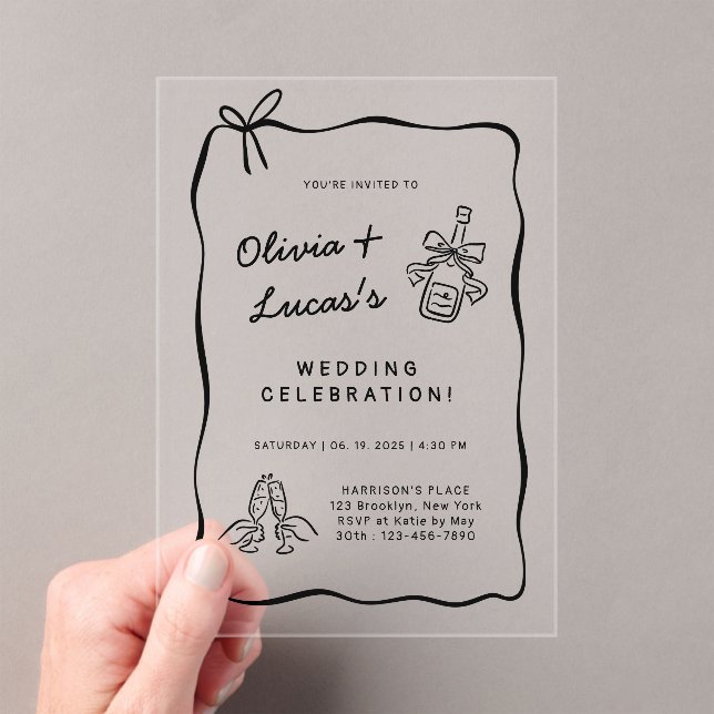 Invitations En Acrylique Modern Ivory & Black Hand-Drawn Wedding  (In situ (ordinateur de poche))