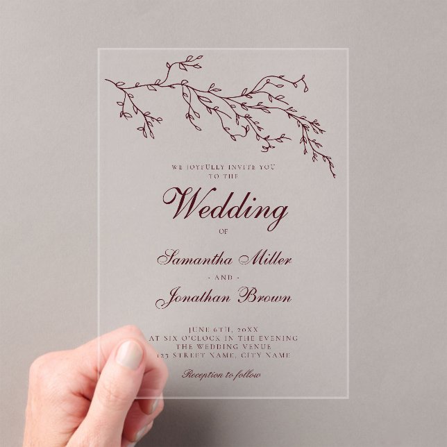 Invitations En Acrylique Modern Minimal Botanical Burgundy Wedding (In situ (ordinateur de poche))