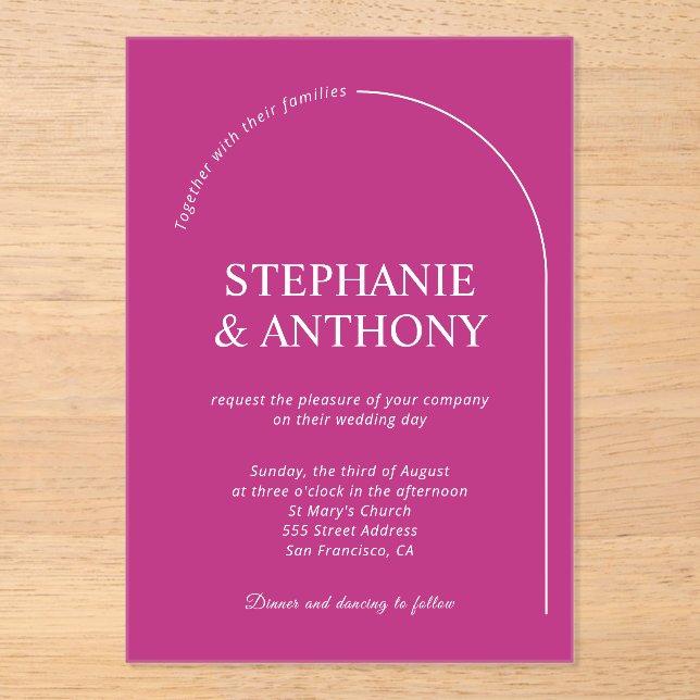 Invitations En Acrylique Modern Minimal Magenta with Arch Wedding    (Recto)