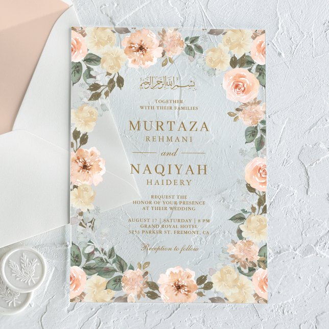 Invitations En Acrylique Modern Peach Floral Islamic Muslim Wedding (Créateur téléchargé)