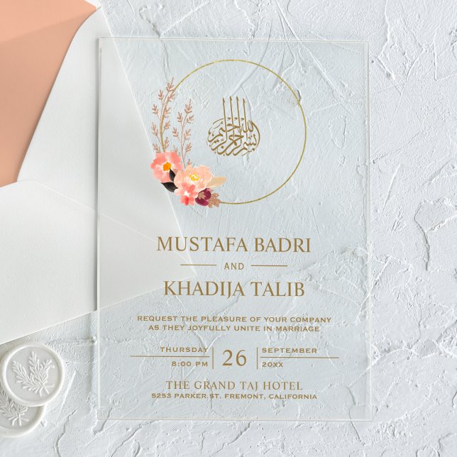Invitations En Acrylique Modern Peach Floral Wreath Islamic Muslim Wedding (Créateur téléchargé)