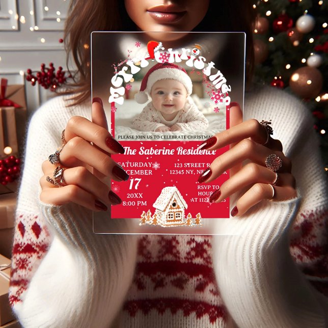 Invitations En Acrylique Modern Red Curved Graffiti Merry Christmas Photos  (Créateur téléchargé)