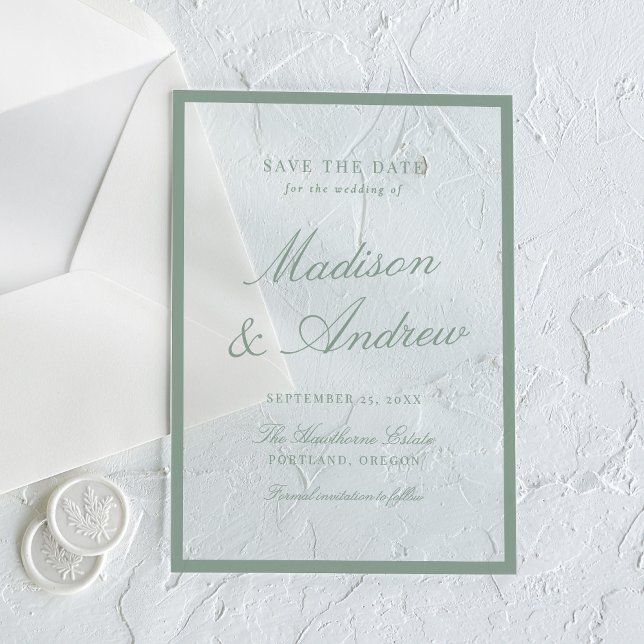 Invitations En Acrylique Modern Sage Green Border Wedding Save the Date (Créateur téléchargé)