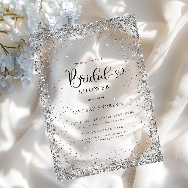 Invitations En Acrylique Modern Silver Glitter Bridal Shower  (Modern Silver Glitter Bridal Shower Acrylic Invitations)