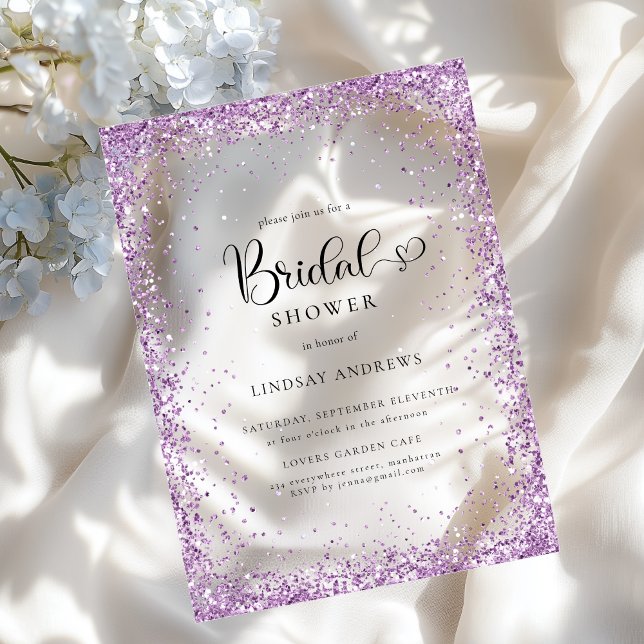 Invitations En Acrylique Modern Silver Purple Glitter Bridal Shower  (Modern Silver Purple Glitter Bridal Shower Acrylic Invitations)