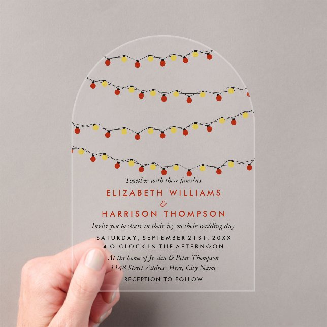 Invitations En Acrylique Modern String Lights, Red & Gold Wedding (In situ (ordinateur de poche))