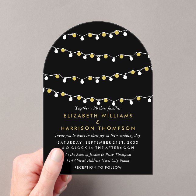 Invitations En Acrylique Modern String Lights, White & Gold Wedding (In situ (ordinateur de poche))