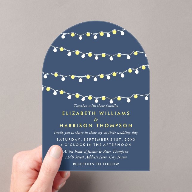 Invitations En Acrylique Modern String Lights, Yellow & White Wedding (In situ (ordinateur de poche))