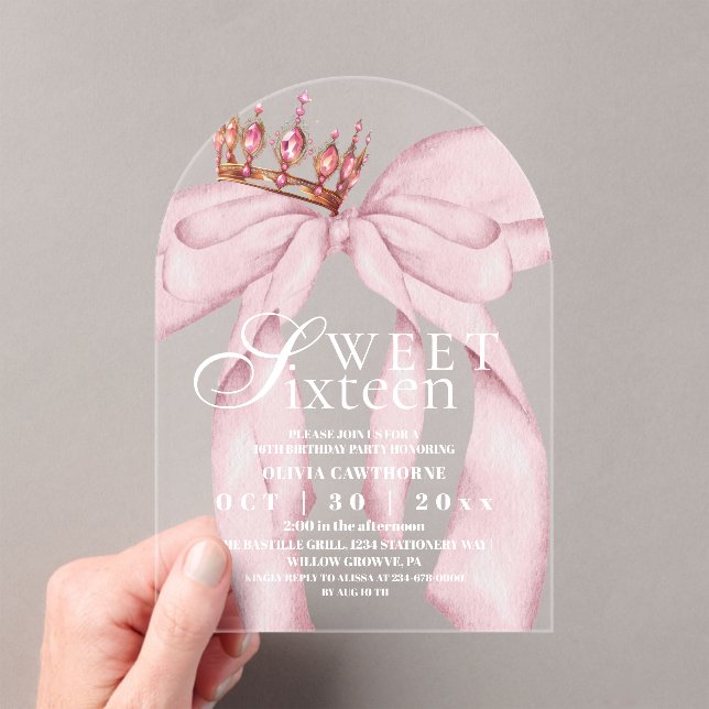 Invitations En Acrylique Modern Trendy Pink Bow Sweet 16 Birthday  (In situ (ordinateur de poche))