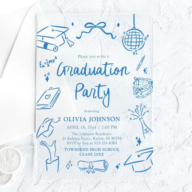 Invitations En Acrylique Modern Whimsical Hand Drawn Blue Graduation Party (Modern Whimsical Hand Drawn Blue Graduation Party Acrylic Invitations)