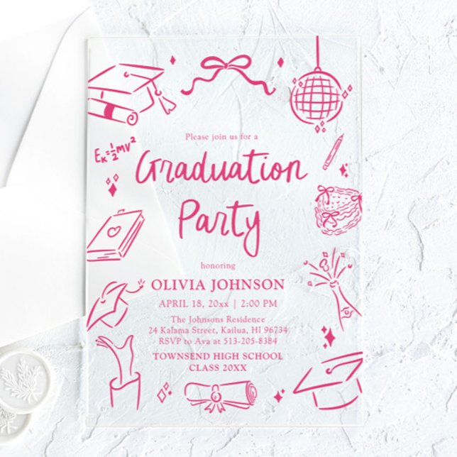 Invitations En Acrylique Modern Whimsical Hand Drawn Pink Graduation Party (Modern Whimsical Hand Drawn Pink Graduation Party Acrylic Invitations)