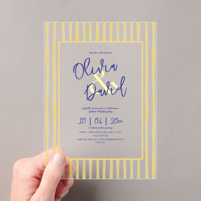 Invitations En Acrylique Modern Yellow Hand Written Pinstripe Italy Wedding (In situ (ordinateur de poche))
