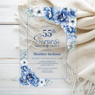 Invitations En Acrylique Moderne Blue Floral Surprise 55ème anniversaire fê
