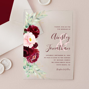 Invitations En Acrylique Moderne Bourgogne Blush Floral Greenery Mariage