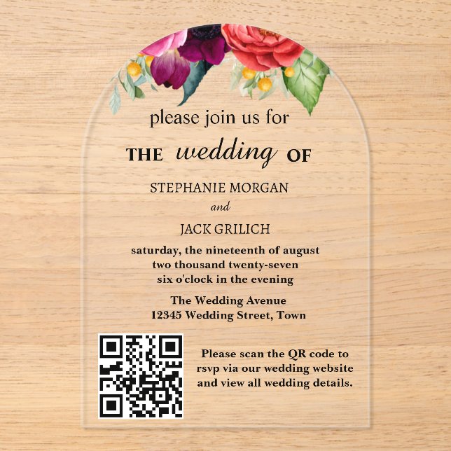 Invitations En Acrylique Moderne élégant Floral QR Code Mariage budget (Recto)