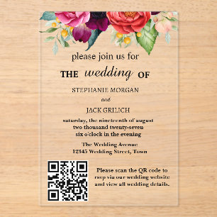 Invitations En Acrylique Moderne élégant Floral QR Code Mariage budget