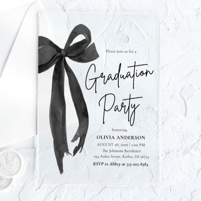 Invitations En Acrylique Moderne Elégant tendance Stylish Black Bow Graduat (Modern Elegant Trendy Stylish Black Bow Graduation Acrylic Invitation)