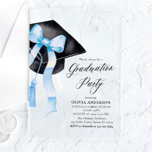 Invitations En Acrylique Moderne Elégant tendance Stylish Bleu Bow Graduati