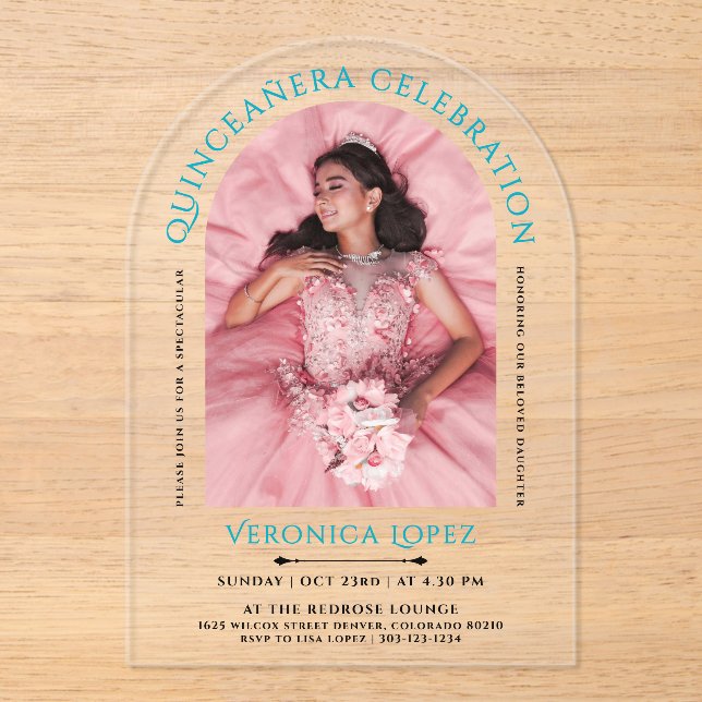 Invitations En Acrylique Moderne Elégant Turquoise Blue Quinceanera Photo (Recto)