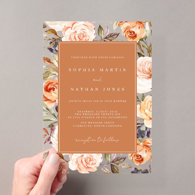 Invitations En Acrylique Moderne feuille florale orange brûlé mariage clair (In situ (ordinateur de poche))