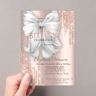 Invitations En Acrylique Moderne gouttes de paillettes avec un nœud rose go