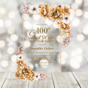 Invitations En Acrylique Moderne Orange Floral Surprise 100ème anniversaire