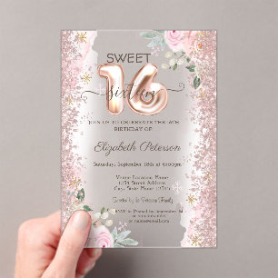 Invitations En Acrylique Moderne Paillettes Confettis Rose Or Roses Sweet 1